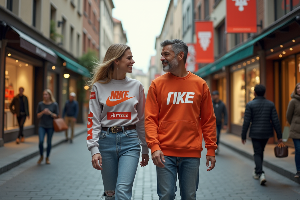 Influenceurs de mode marchant dans une rue animée