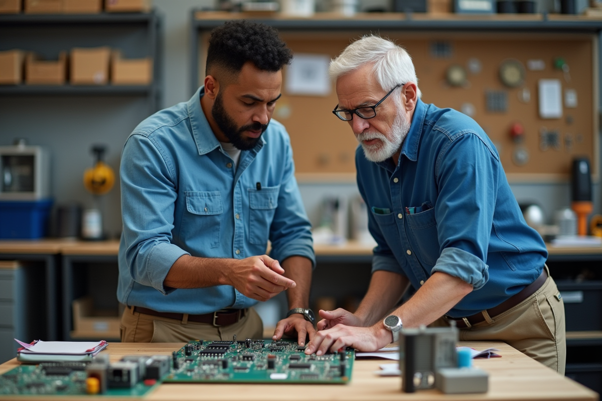 Ingénieur discutant d’un circuit avec un collègue dans un atelier
