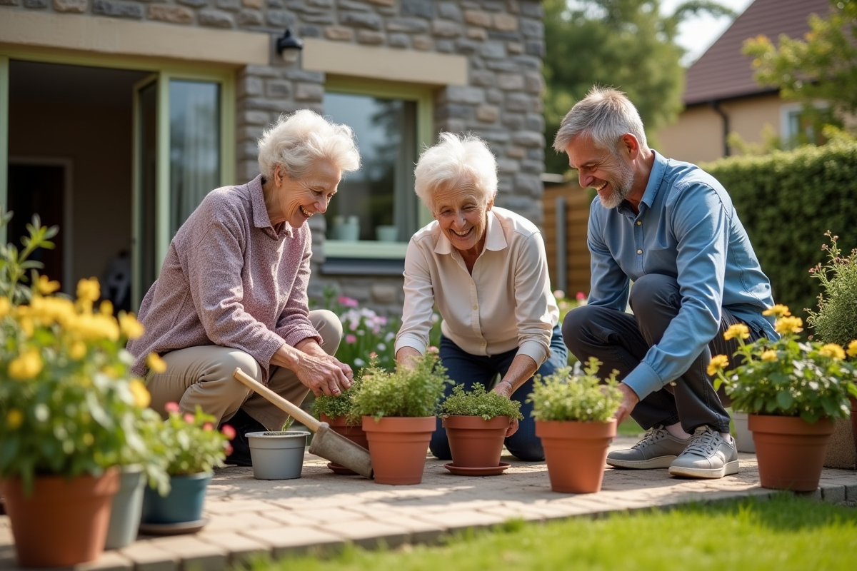 Jeune homme et femmes âgées plantant des fleurs en terrasse