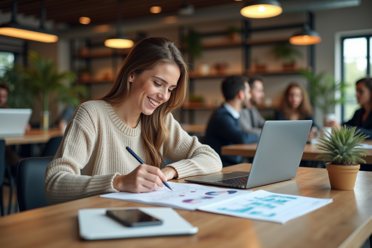 Jeune femme en coworking esquissant des idées créatives