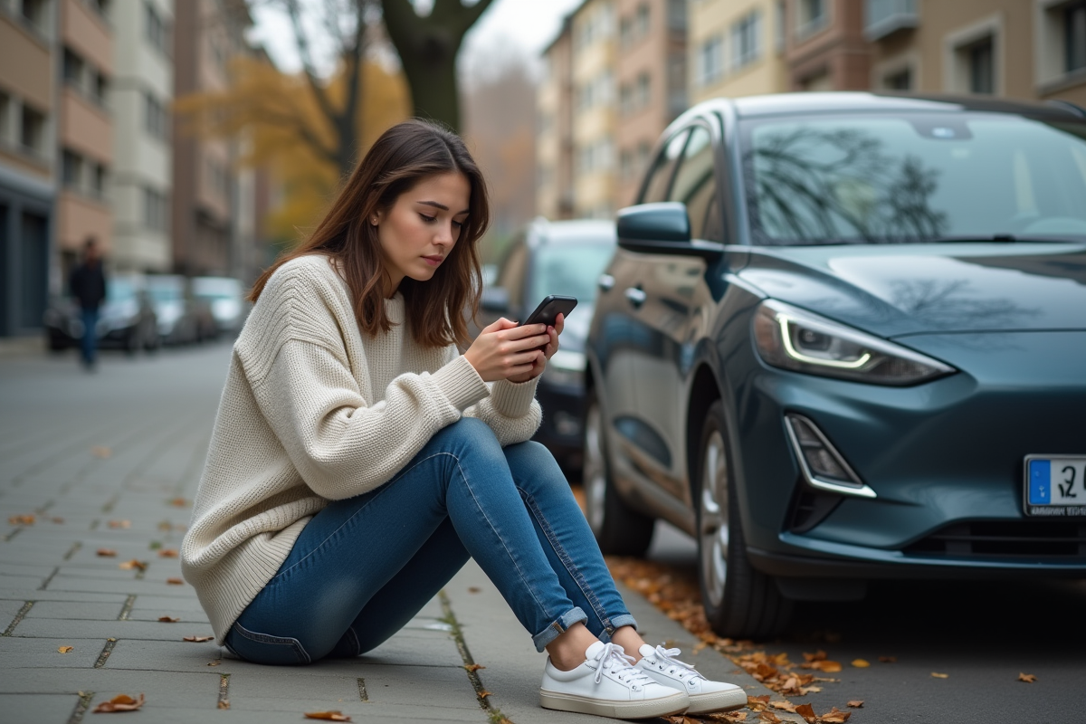 Jeune femme assise sur le trottoir avec une petite voiture électrique