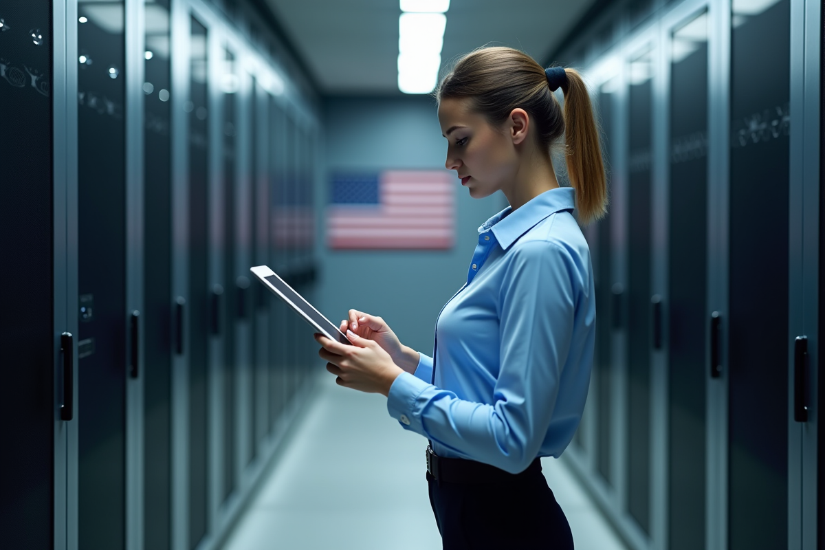 Jeune femme en blouse bleue vérifiant un serveur informatique