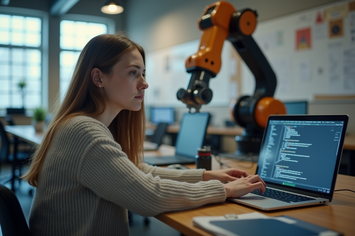 Jeune femme au bureau avec robot et ordinateur