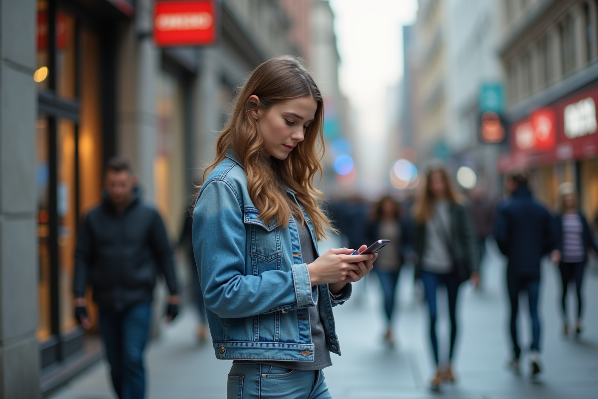 Jeune femme dans la ville en train de consulter son téléphone