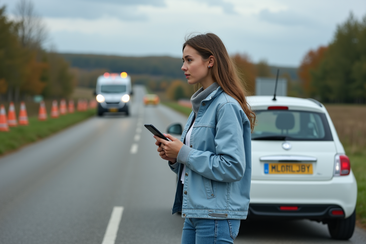 Jeune femme avec voiture et cones de signalisation