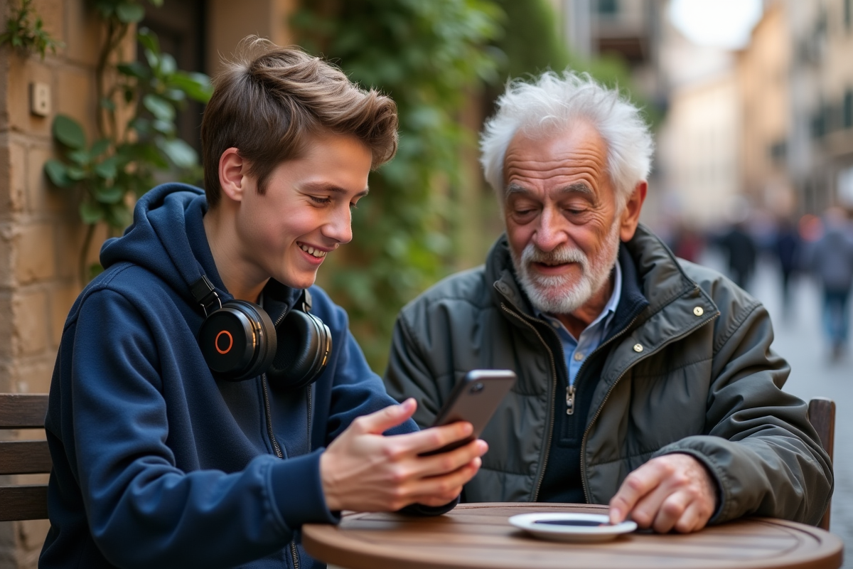 Jeune garçon montrant une application de traduction à un voyageur