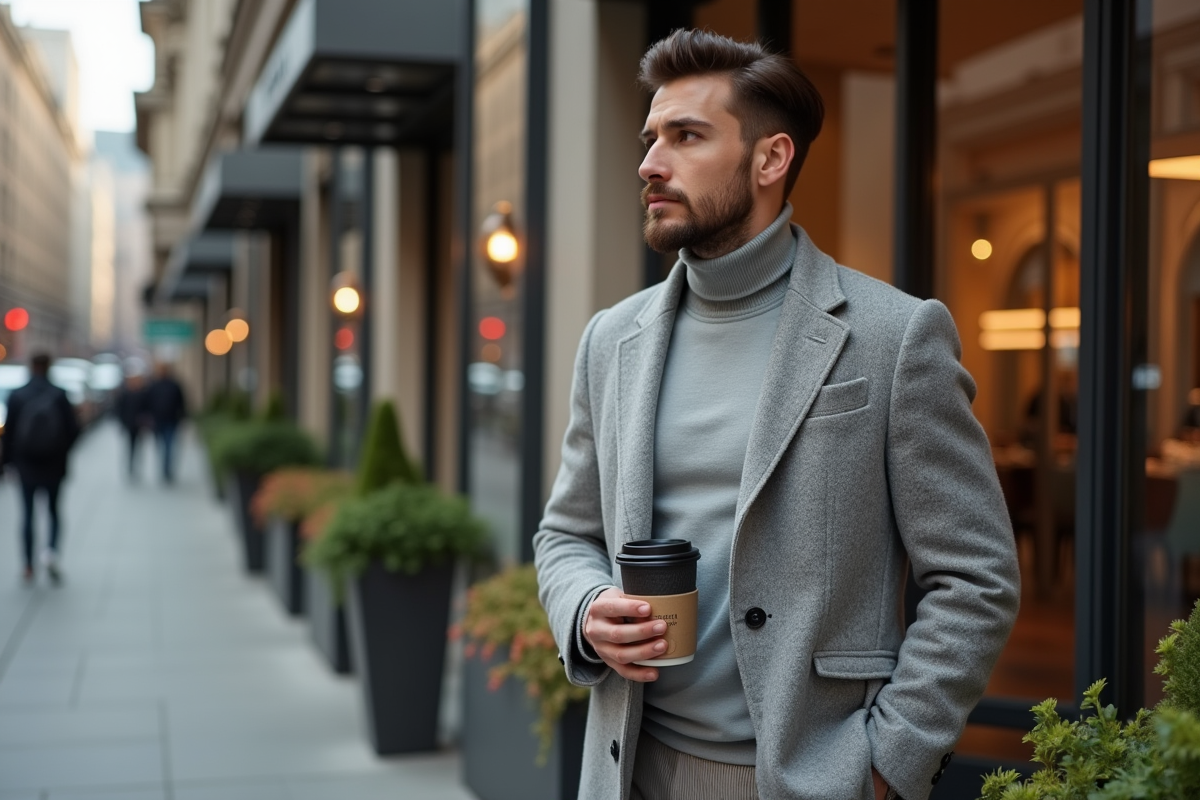 Jeune homme en turtleneck devant une boutique de luxe
