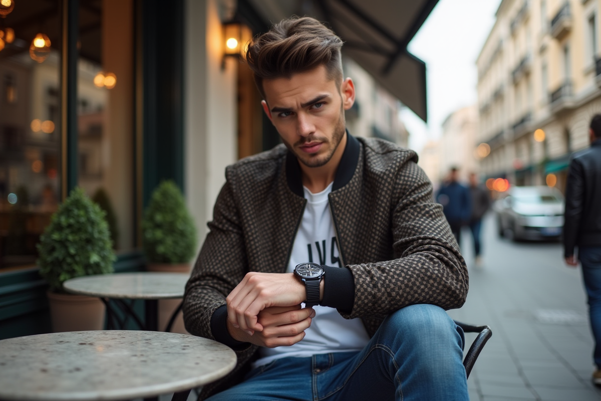 Jeune homme en streetwear au café en ville