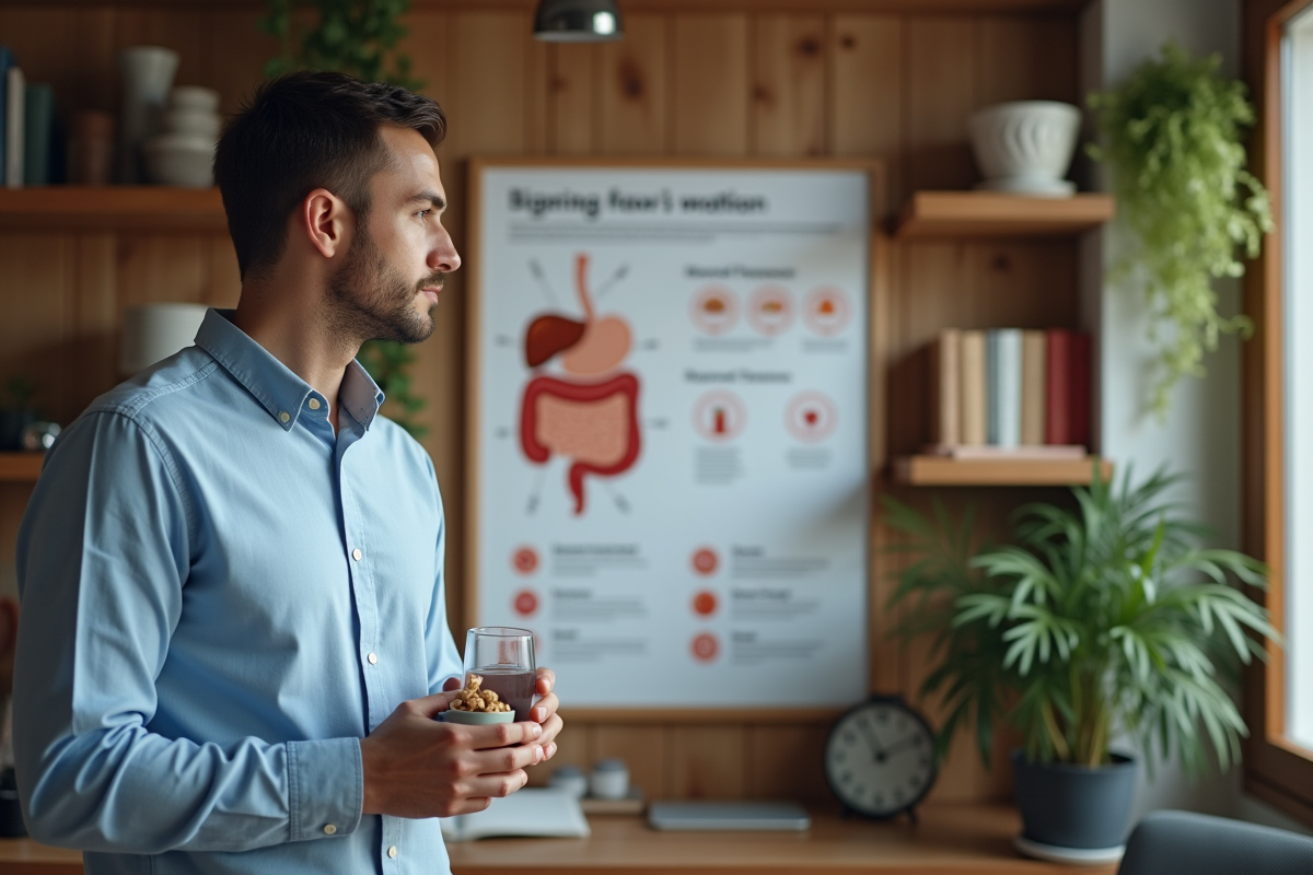 Jeune homme contemplant une infographie santé digestive