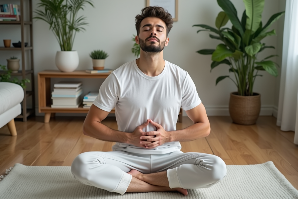 Jeune homme en méditation dans un salon paisible