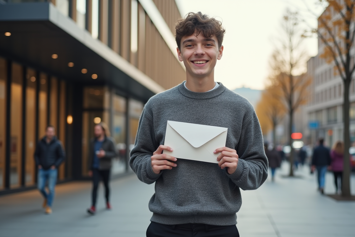 Jeune homme souriant avec enveloppe de nomination dehors