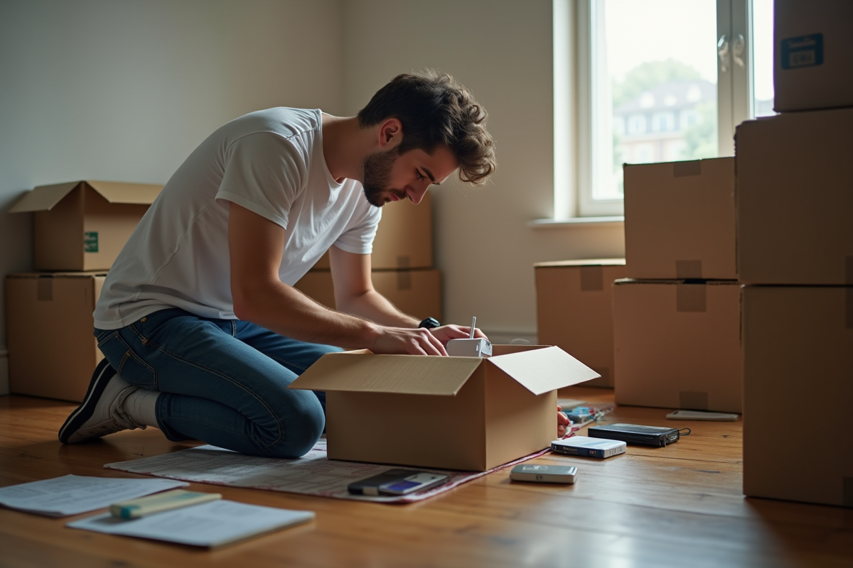 Jeune homme contemplant des objets sentimentaux dans un appartement