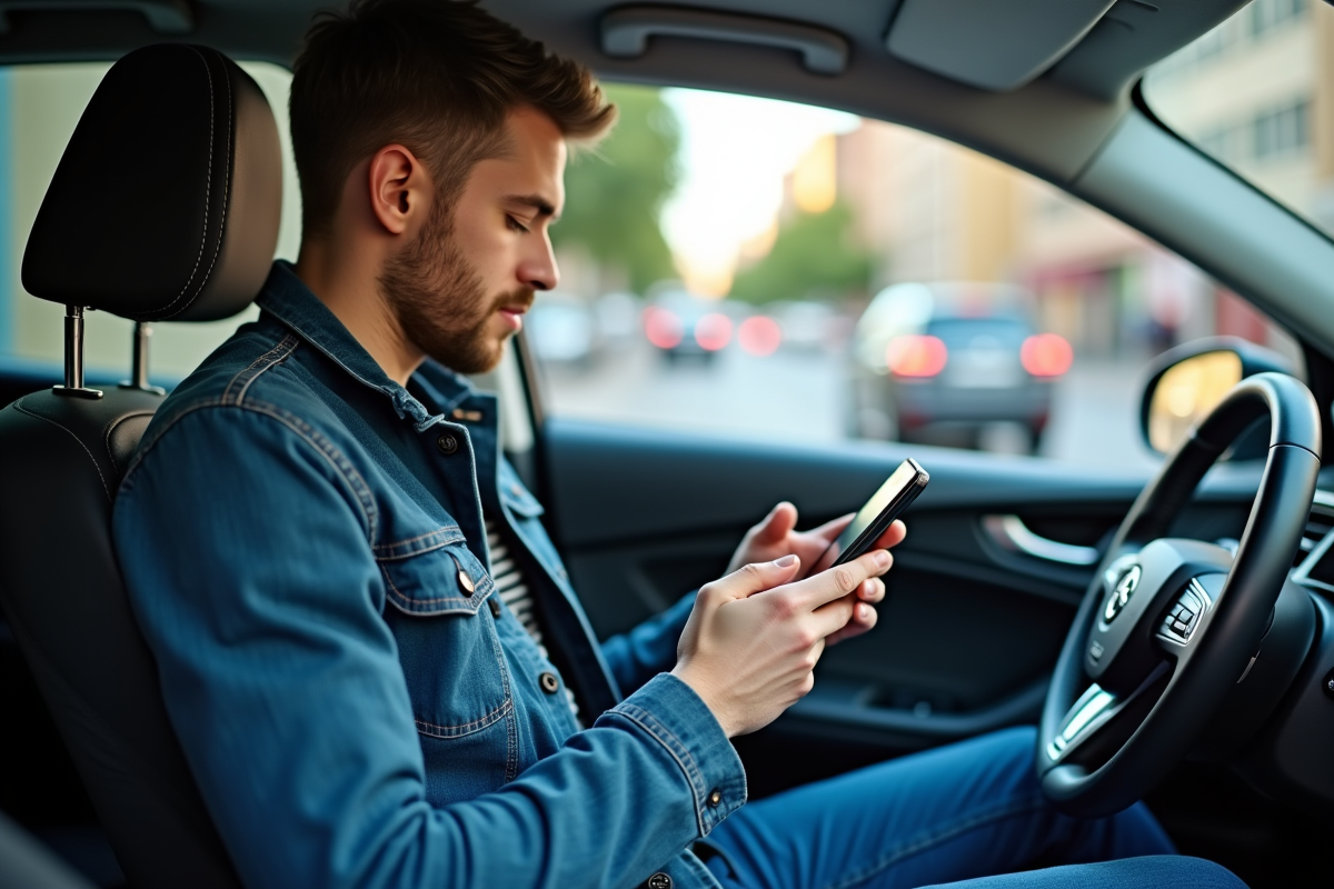 Jeune homme utilisant son smartphone pour un paiement dans une voiture urbaine
