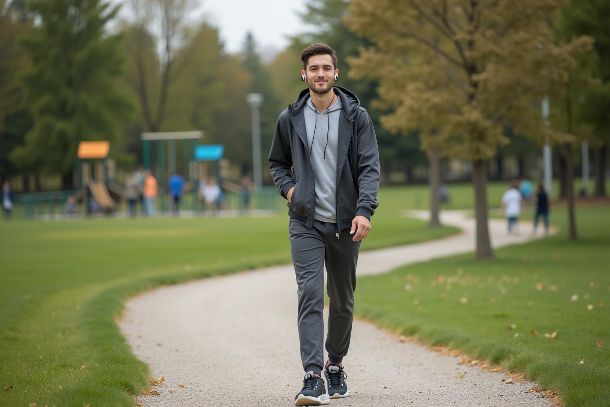 Jeune homme en sport marche dans un parc suburbain