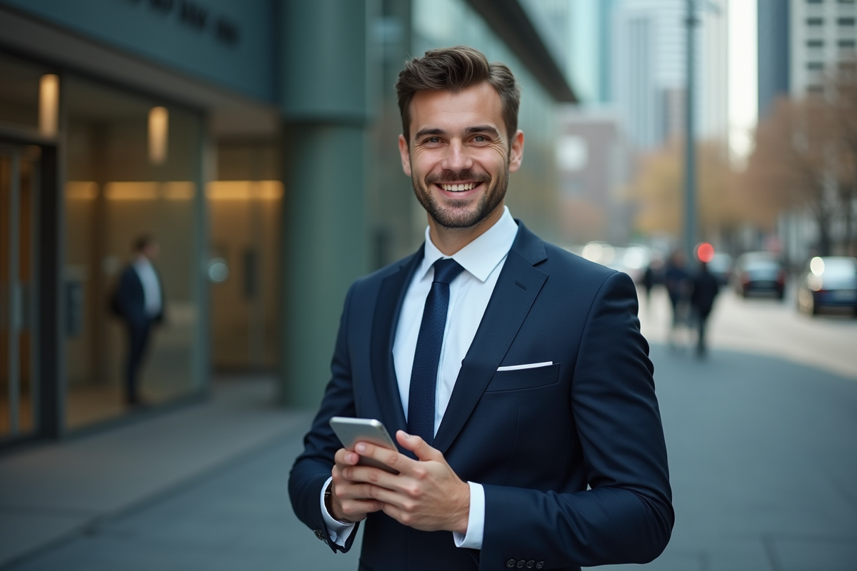 Jeune homme en costume utilisant son smartphone devant une banque