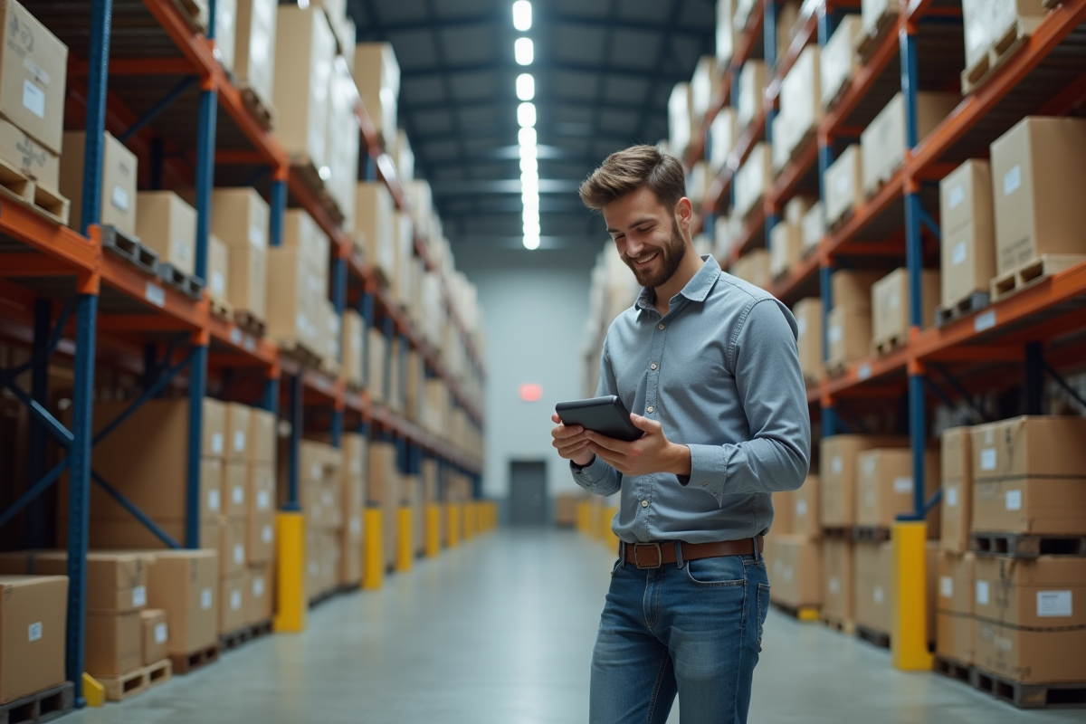 Jeune homme scanne des colis dans un entrepôt logistique