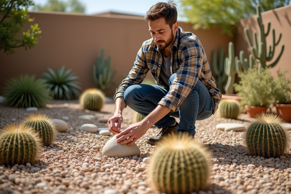 Jeune homme arrangeant des cactus dans un jardin urbain