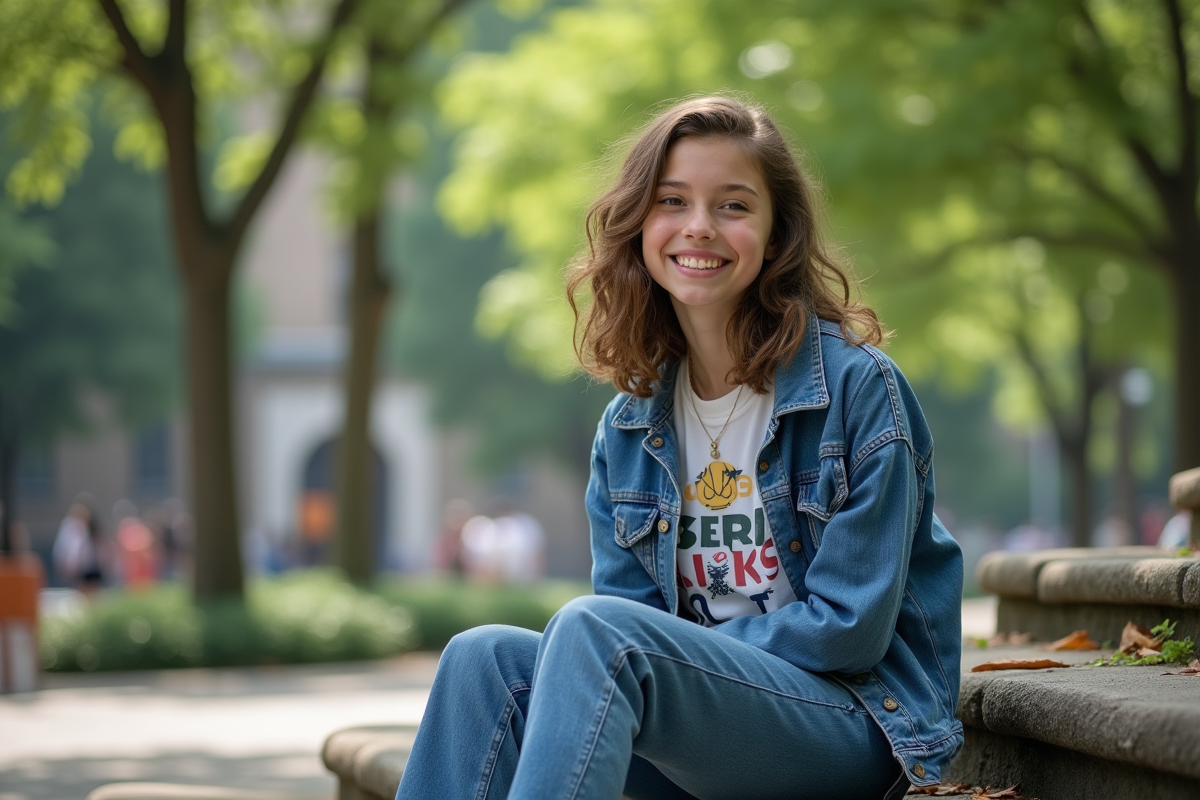 Adolescent nonbinaire assis sur des marches dans un parc urbain