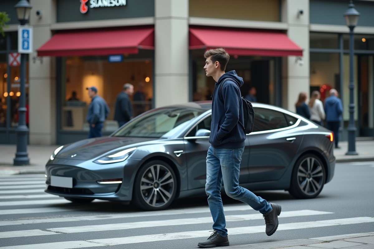 Jeune homme croisant devant une voiture électrique autonome