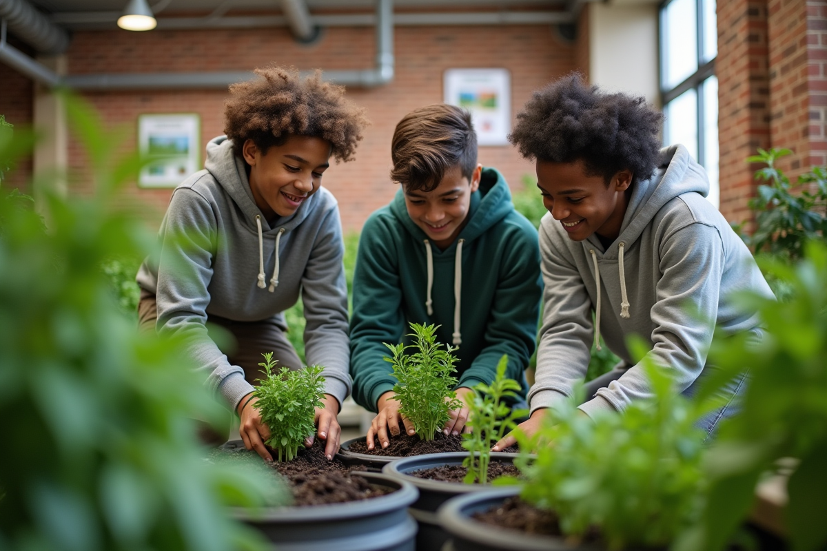 Jeunes divers plantant des herbes dans un centre communautaire intérieur