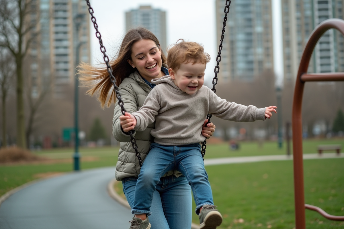 Maman joue avec son fils dans un parc urbain ensoleille