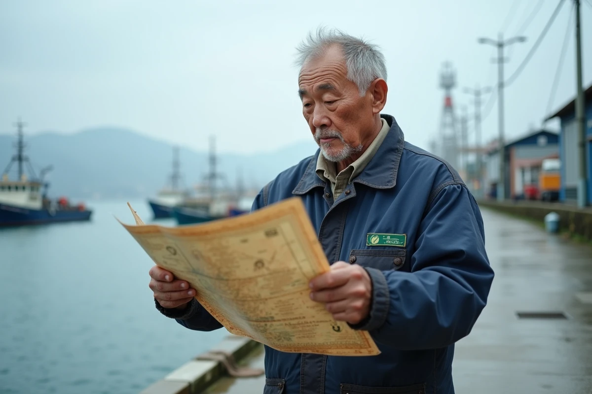 Marin japonais âgé consultant une carte maritime sur un quai de port avec des chalutiers amarrés en arrière-plan