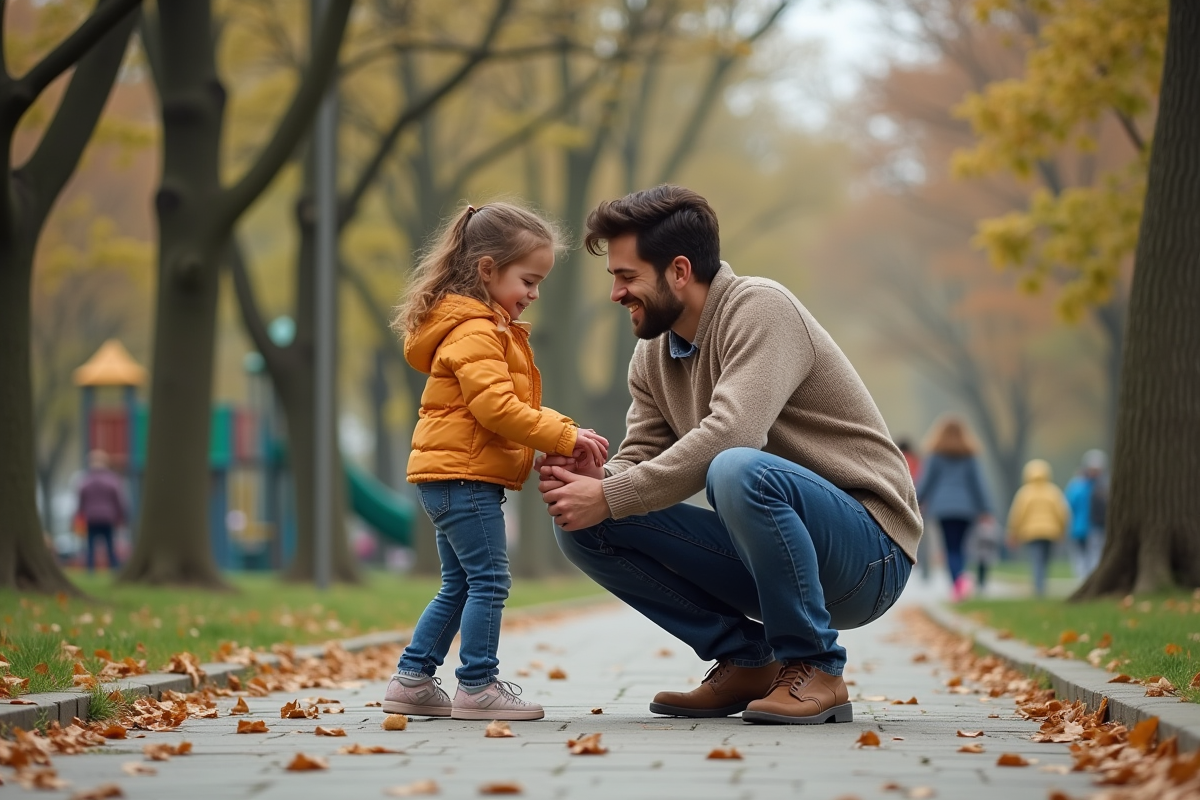 Père aidant sa fille à lacer ses chaussures dans un parc