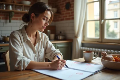 Femme planifiant ses jours fériés et ponts sur un calendrier imprimé dans une cuisine française