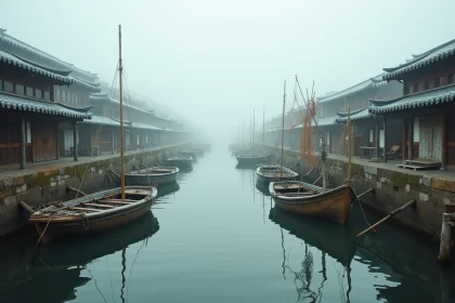 Port de pêche japonais traditionnel avec bateaux amarrés et filets séchant sur des perches en bambou dans la brume matinale