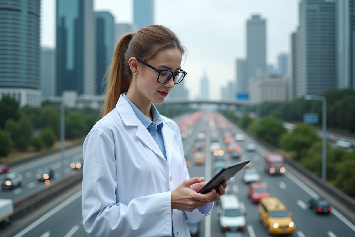 Jeune scientifique urbaine analysant des données en ville