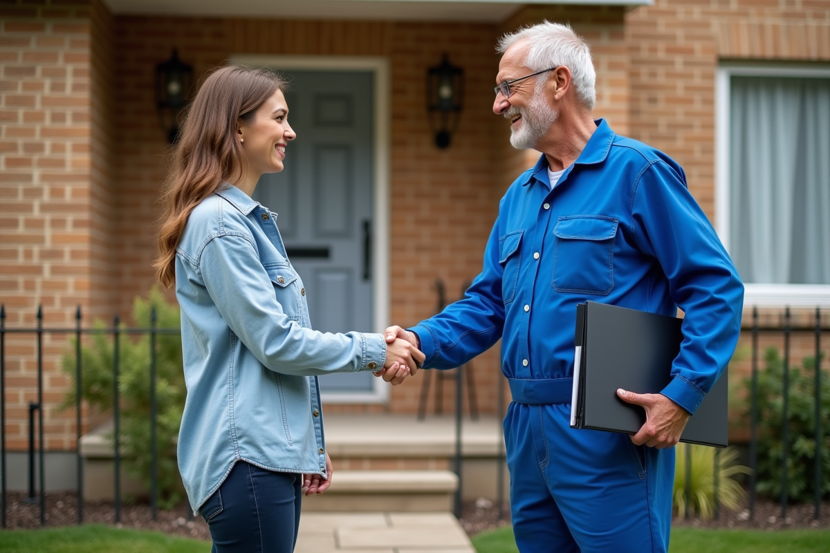 Client et artisan se serrent la main devant une maison