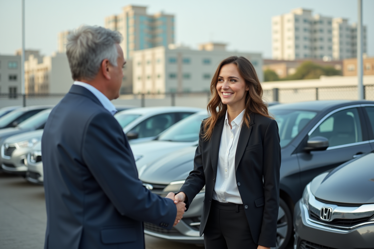 Vendeuse souriante serre la main d’un client devant une voiture d’occasion