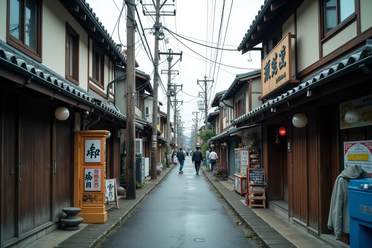 Rue de village portuaire japonais avec enseignes en kanji et maisons en bois traditionnelles au bord du port